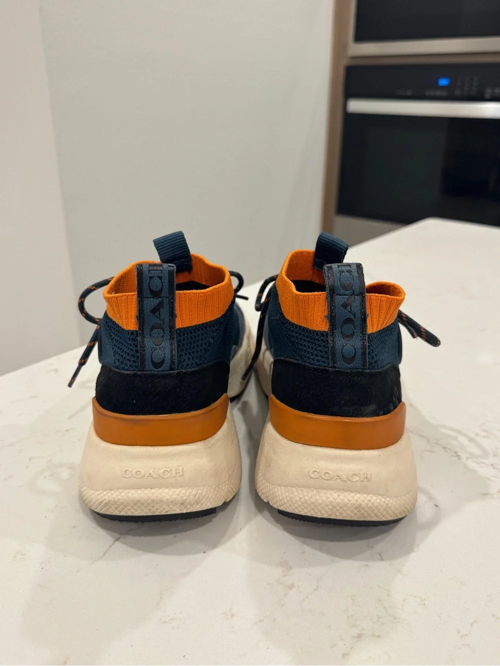 Coach Men's Navy and Orange Knit High-Top Sneakers